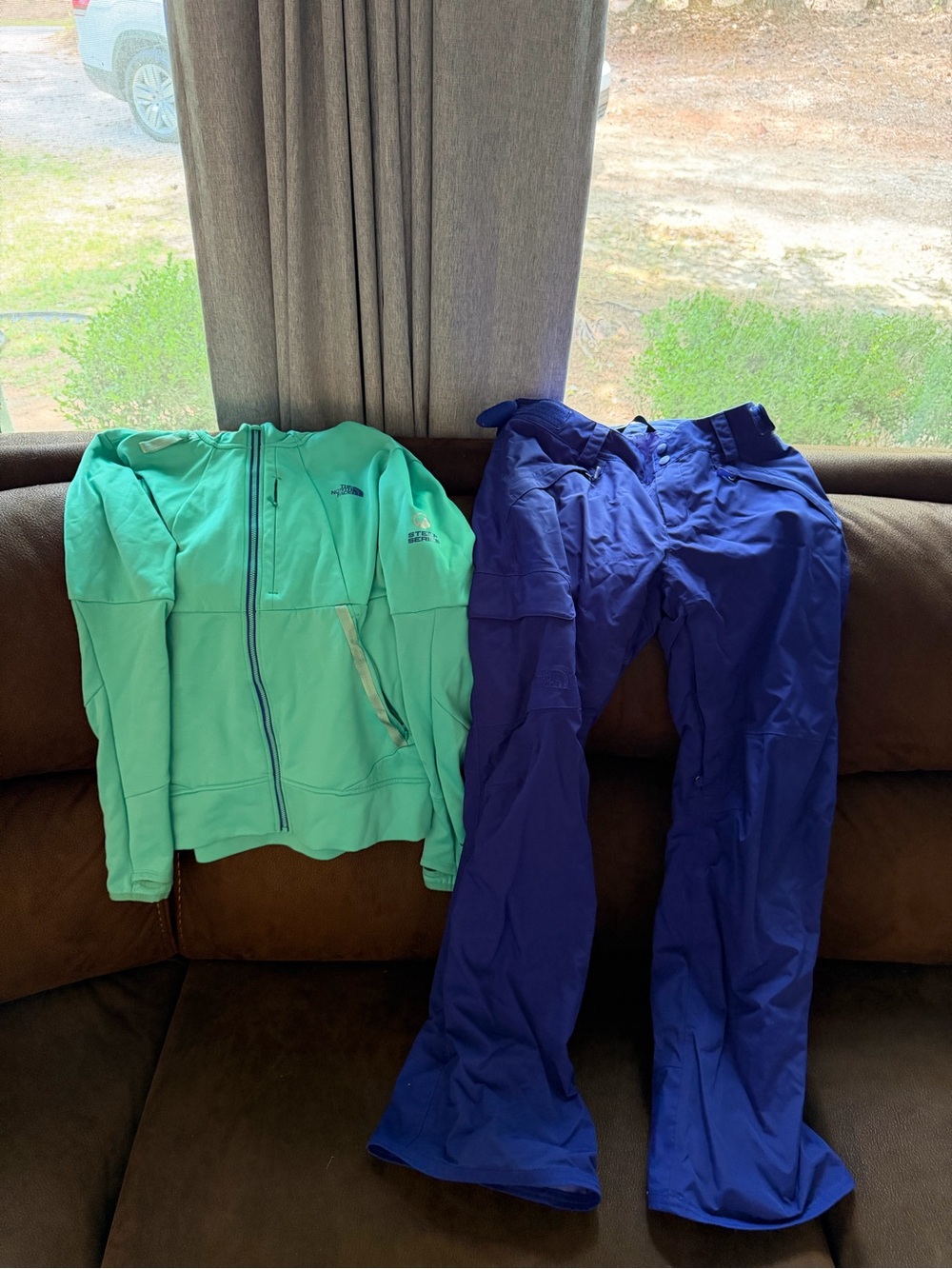 The North Face Mint Green Zip Jacket with Deep Blue Shell Pants
